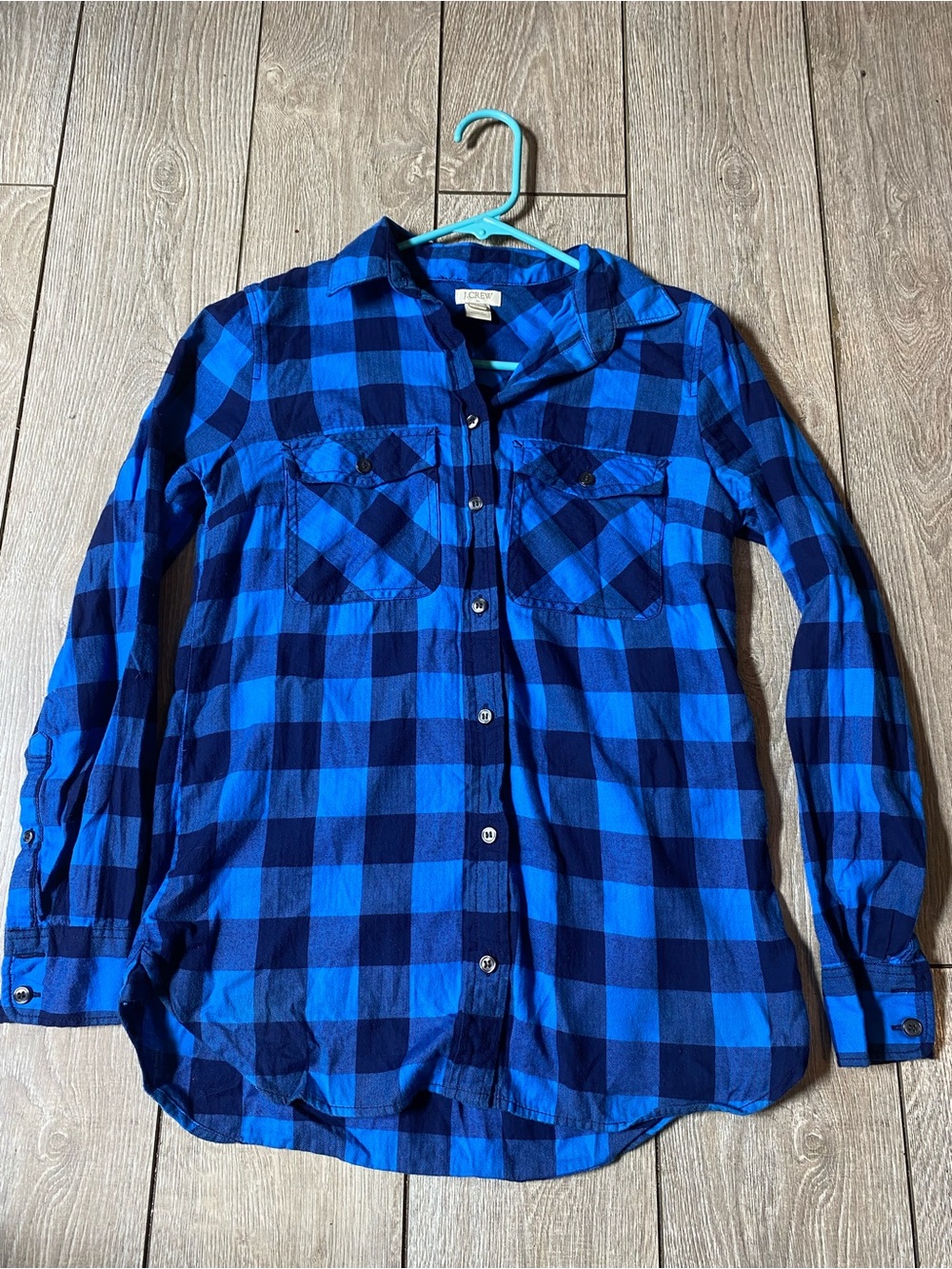 J. Crew Factory Womens Blue Buffalo Plaid Flannel Shirt Size XS Fall Winter